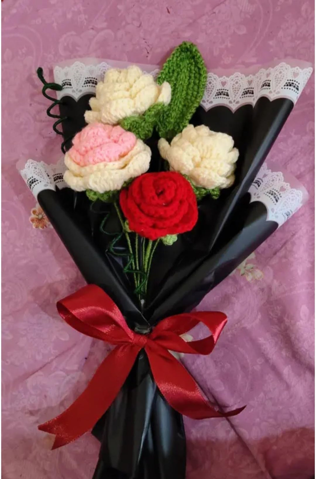 Handmade Crochet Flower Bouquet, Mixed Colors, Knitted Roses with Black Wrap and Red Ribbon, Gift