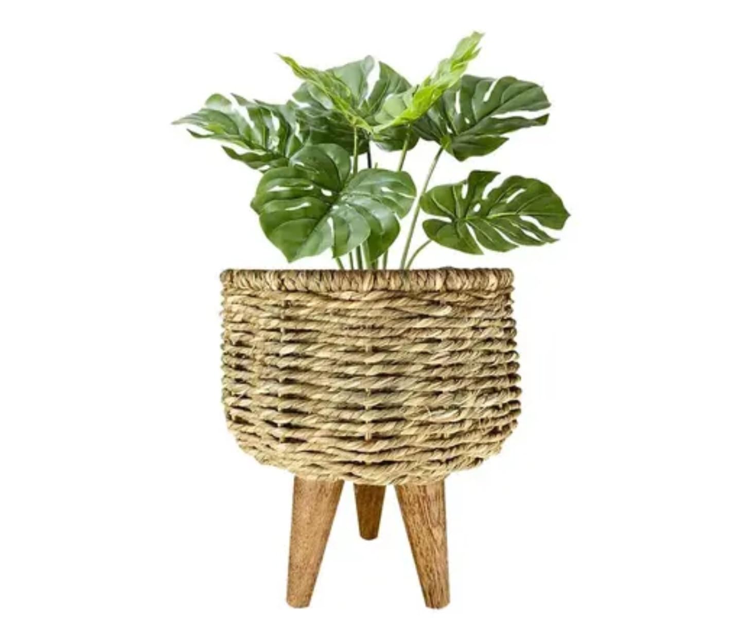 Woven Seagrass Plant Pot with Wooden Legs, Decorative Basket Planter for Monstera, Natural