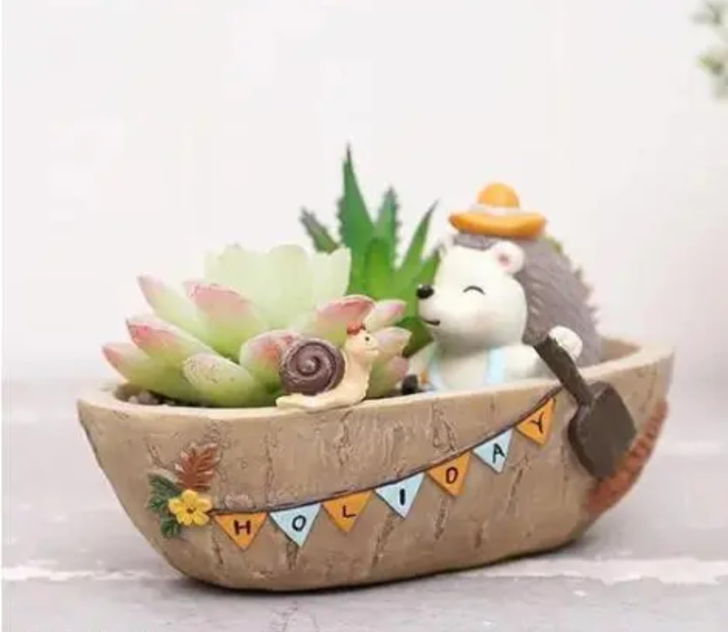 Decorative Succulent Planter, Concrete Bird Shape Pot with Holiday Banner, Gray, Indoor Garden Decor