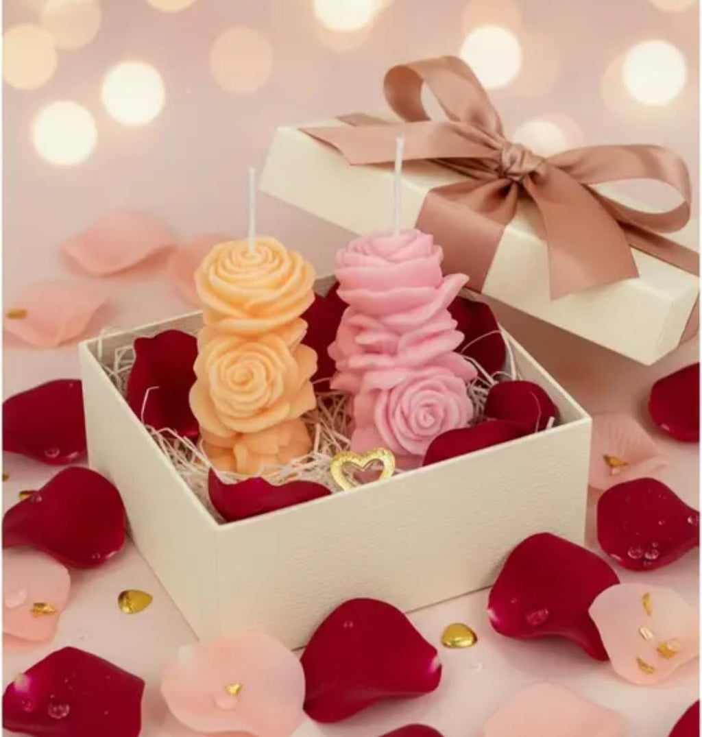 Decorative Rose Candles, Stacked Flower Design, Pink and Peach, Set of 2