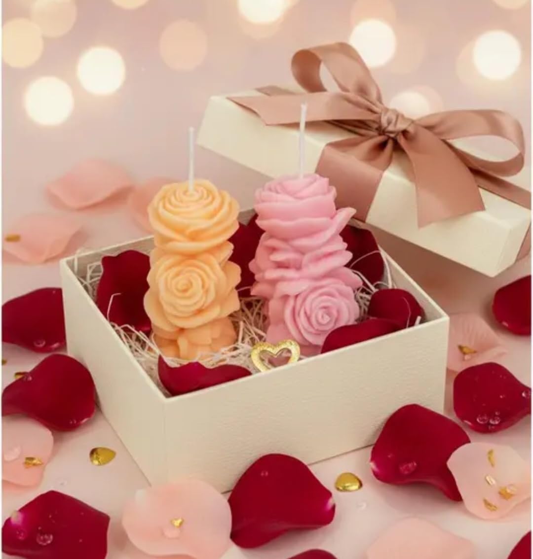 Decorative Rose Candles, Stacked Flower Design, Pink and Peach, Set of 2