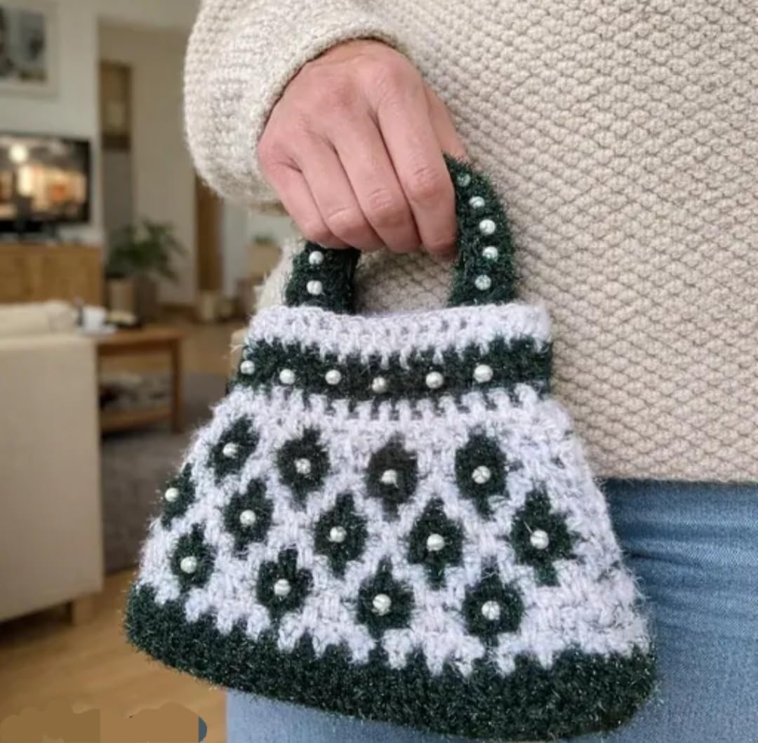 Handmade Crochet Handbag, Green and White, Pearl Bead Accents, Floral Pattern, Boho Style Tote Bag