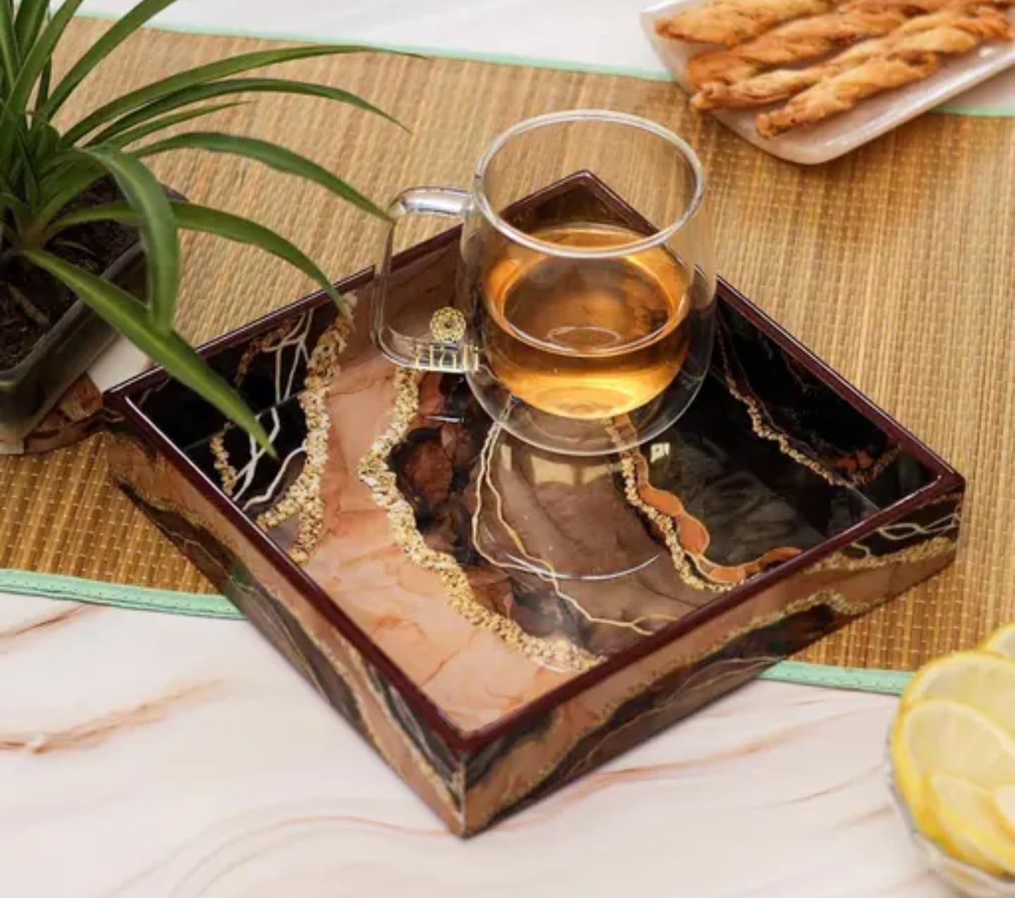 Decorative Resin Serving Tray with Gold Marble Pattern, Brown and Gold, Rectangle Shape, Modern Design