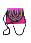Handcrafted Embroidered Crossbody Bag, Pink with Multicolour Traditional Design, Black Beaded Strap