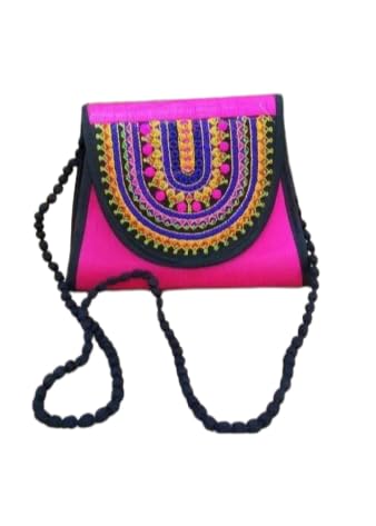 Handcrafted Embroidered Crossbody Bag, Pink with Multicolour Traditional Design, Black Beaded Strap