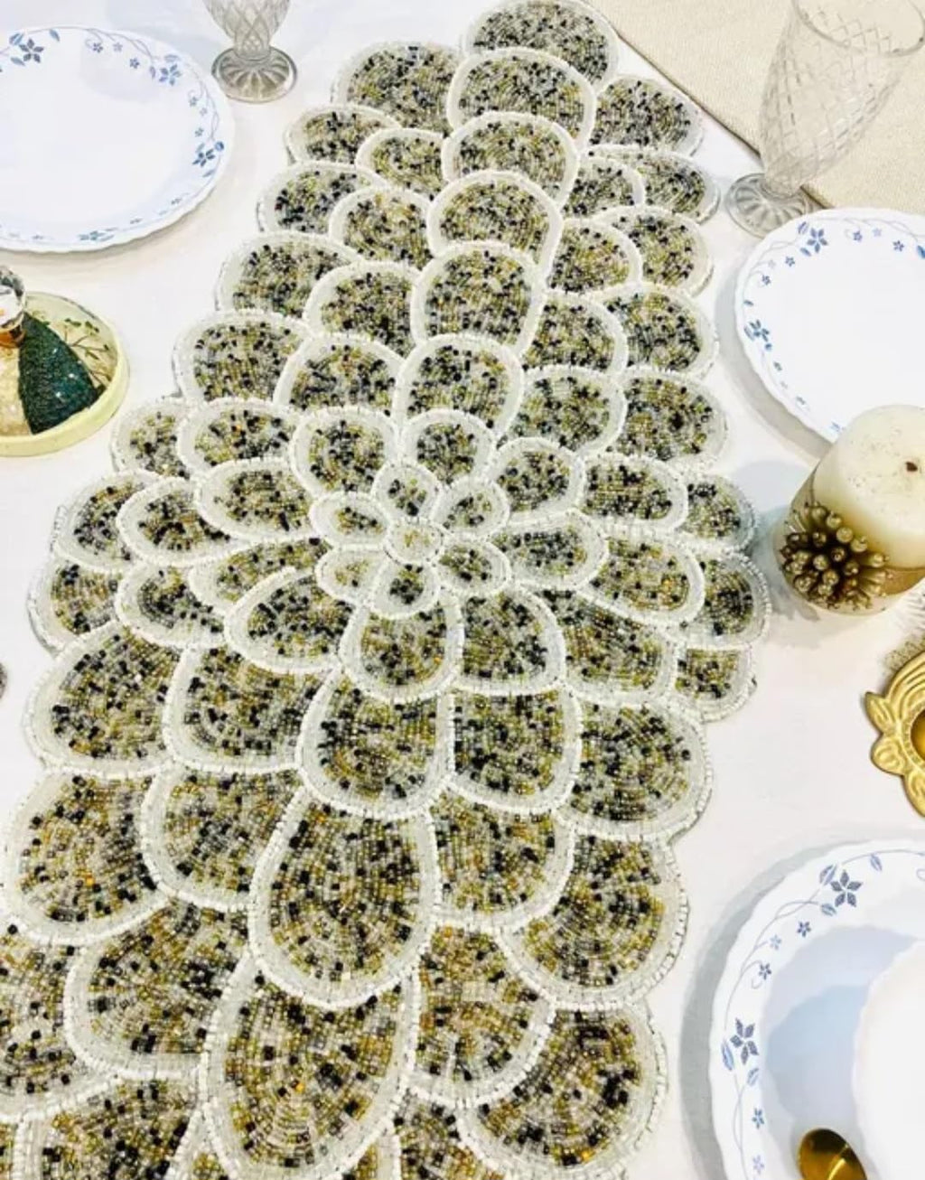Beaded Table Runner, Floral Scalloped Design, Handcrafted, Dining Table Decor