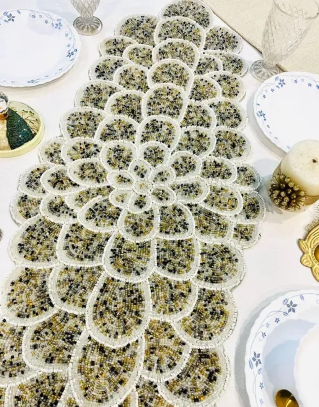 Beaded Table Runner, Floral Scalloped Design, Handcrafted, Dining Table Decor