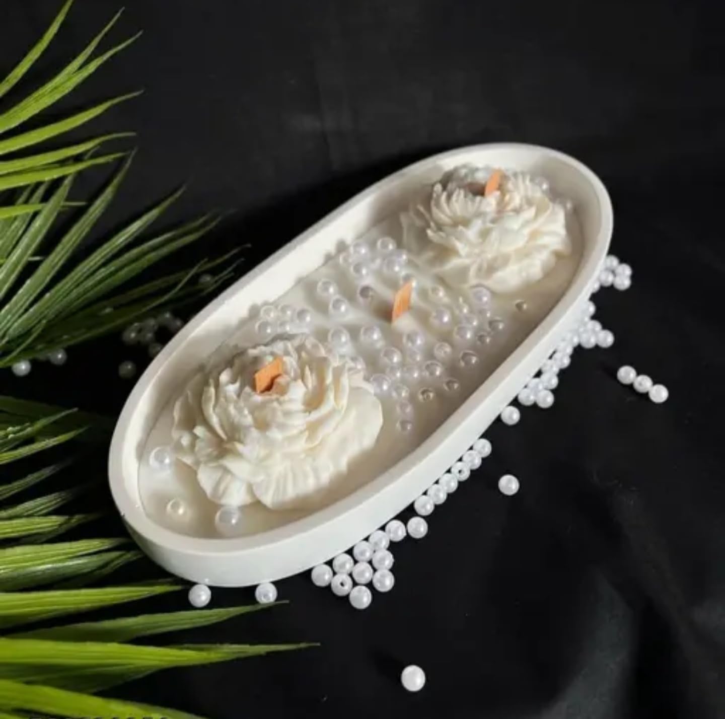 Decorative White Ceramic Candle with Pearl Beaded Trim, Floral Design