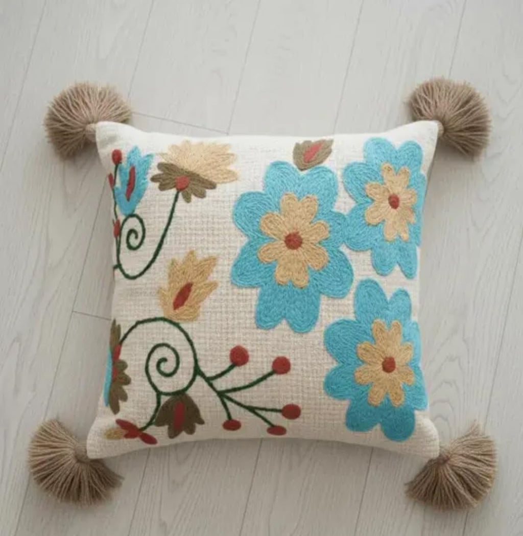 Handcrafted Embroidered Throw Pillow Cover with Tassels, Boho Style, Blue & Multicolor, Cotton