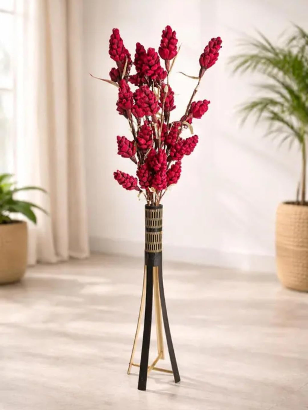 Bamboo Flower stand with Gold Tripod Stand, Black and Gold, Bohemian Style, Indoor Decor