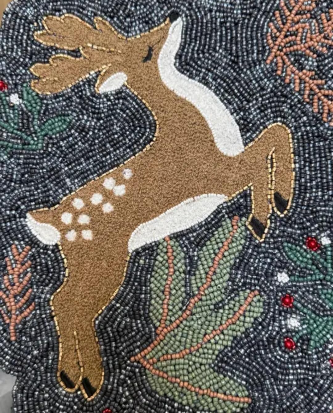 Beaded Table Runner with Deer and Forest Design, Dark Blue, Holiday Christmas Theme