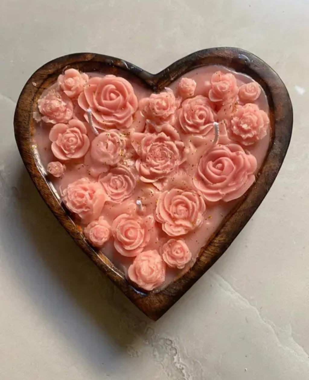 Handcrafted Heart-Shaped Decorative Candle with Pink Rose Design, Rustic Wood Frame