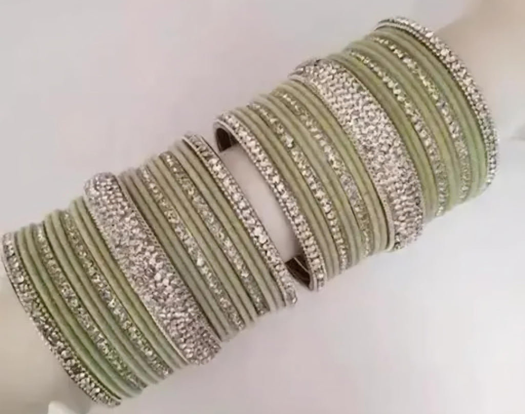 Sage Green Silk Thread Bangles with Silver Crystal Embellishments, Traditional Indian Style, Set of Bangles