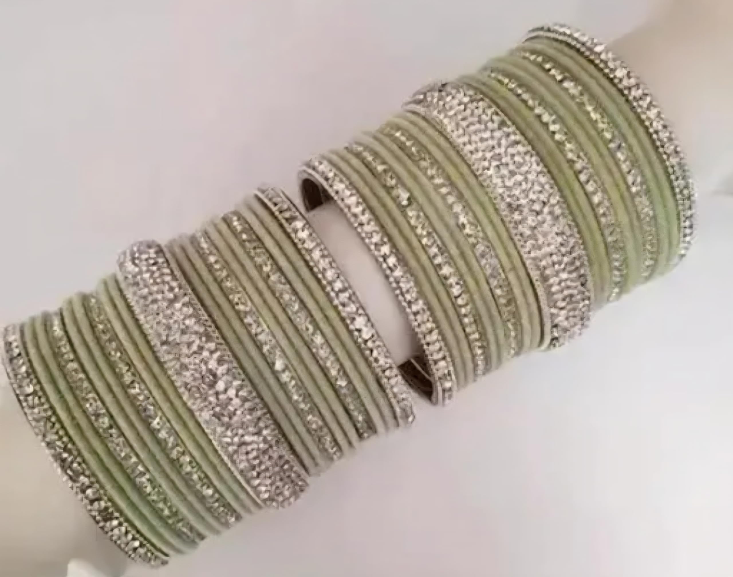 Sage Green Silk Thread Bangles with Silver Crystal Embellishments, Traditional Indian Style, Set of Bangles