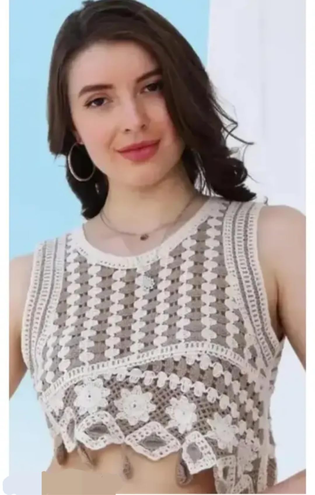 Women's Crochet Crop Top, Floral Hollow Knit Sleeveless Tank, Boho Style, Beige