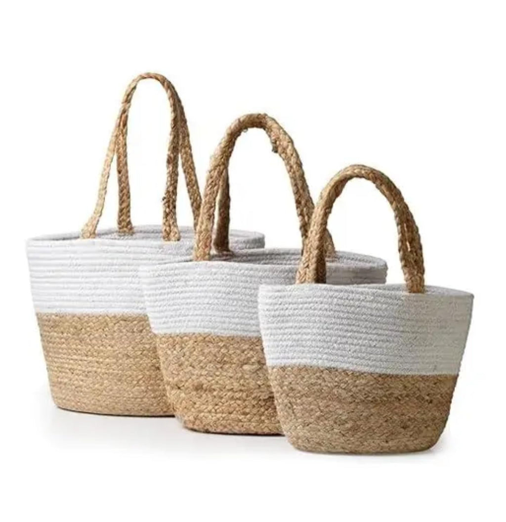 Woven Rope Storage Basket Set, Natural Jute and Cotton, Two-Tone White and Beige, Braided Handles