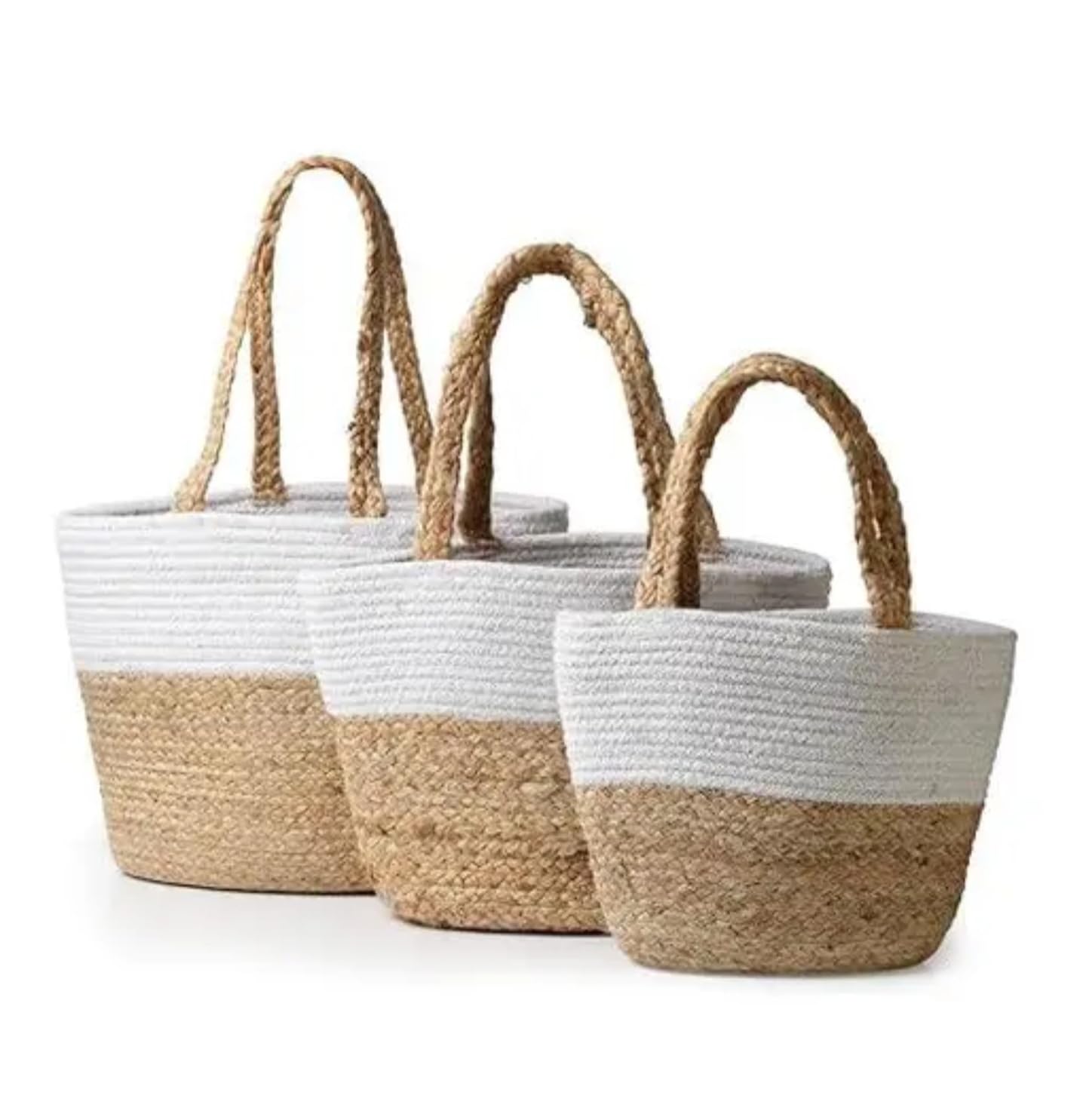 Woven Rope Storage Basket Set, Natural Jute and Cotton, Two-Tone White and Beige, Braided Handles