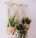 Macrame Plant Hanger Set with Wooden Rod, 3-Tier Woven Cotton Rope Hanging Planter, White