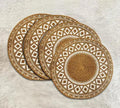 Round Jute Placemats with Geometric Pattern, Natural Brown and White, Woven Tribal Design, Boho Style Table Mats
