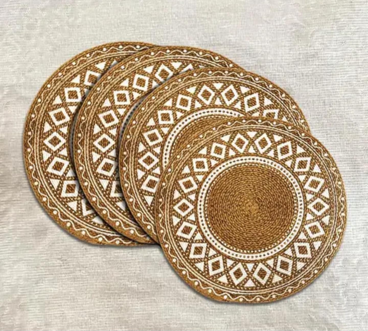Round Jute Placemats with Geometric Pattern, Natural Brown and White, Woven Tribal Design, Boho Style Table Mats