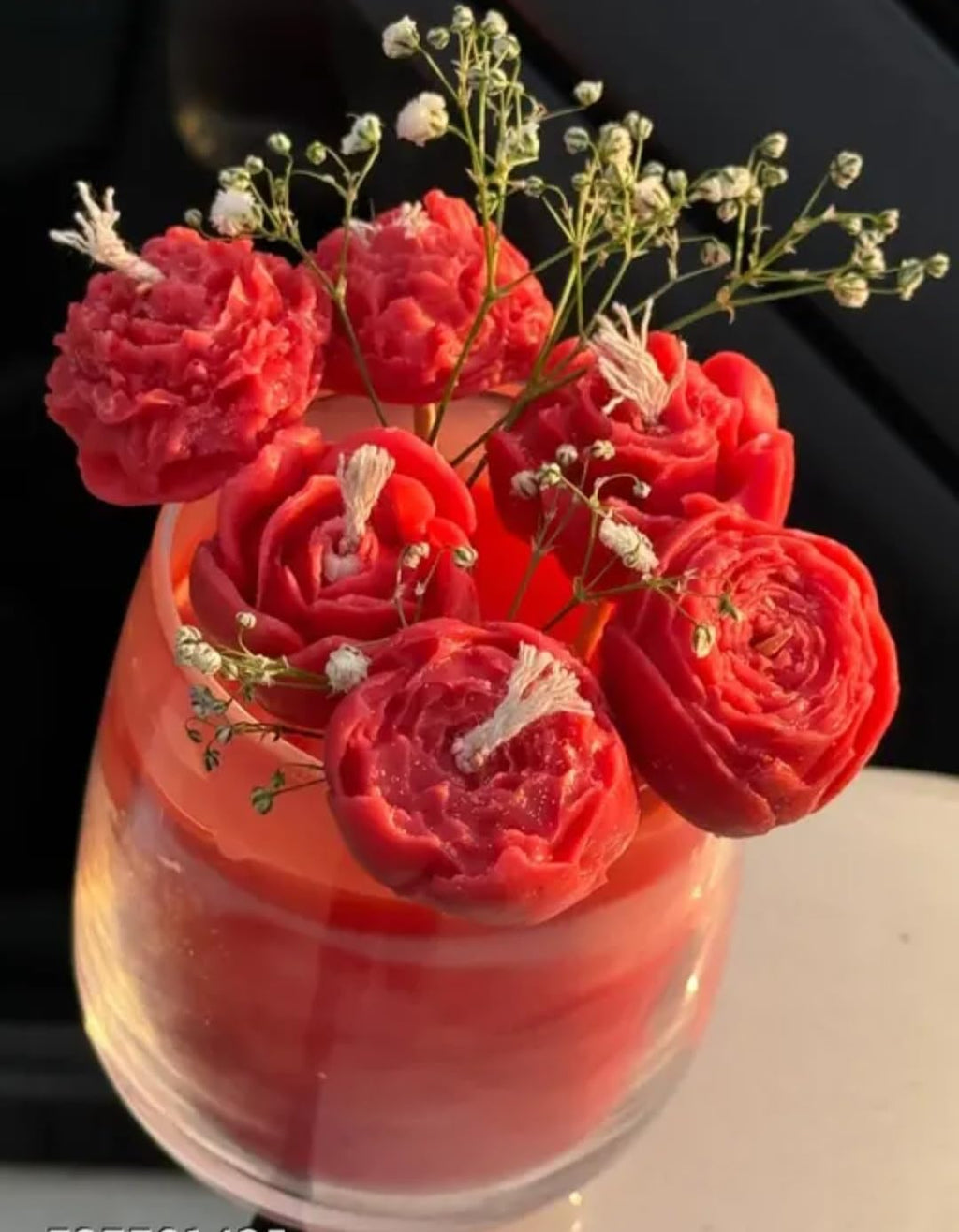 Decorative Candle with Red Roses, Baby's Breath, Floral Topper, Wedding Celebration Theme