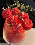Decorative Candle with Red Roses, Baby's Breath, Floral Topper, Wedding Celebration Theme
