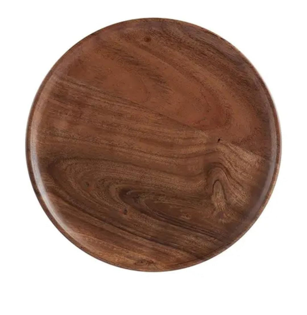 Wooden Round Serving Plate, Natural Brown, Acacia Wood, Rustic Grain Pattern