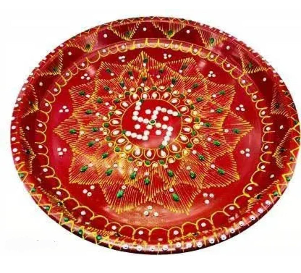 Traditional Handcrafted pooja thali, Red and Gold, Metal, Embellished with Mirror Work, Ethnic Floral Pattern, pooja samagri