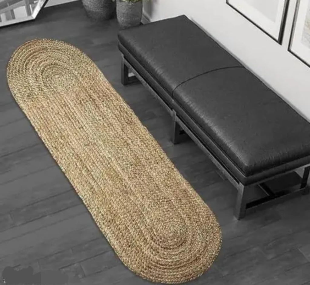 Braided Jute Runner Rug, Natural, Oval Shape, Handwoven, Bohemian Style, Hallway or Entryway