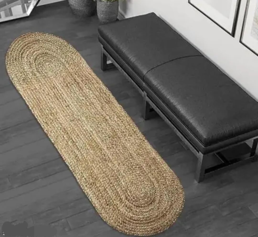 Braided Jute Runner Rug, Natural, Oval Shape, Handwoven, Bohemian Style, Hallway or Entryway