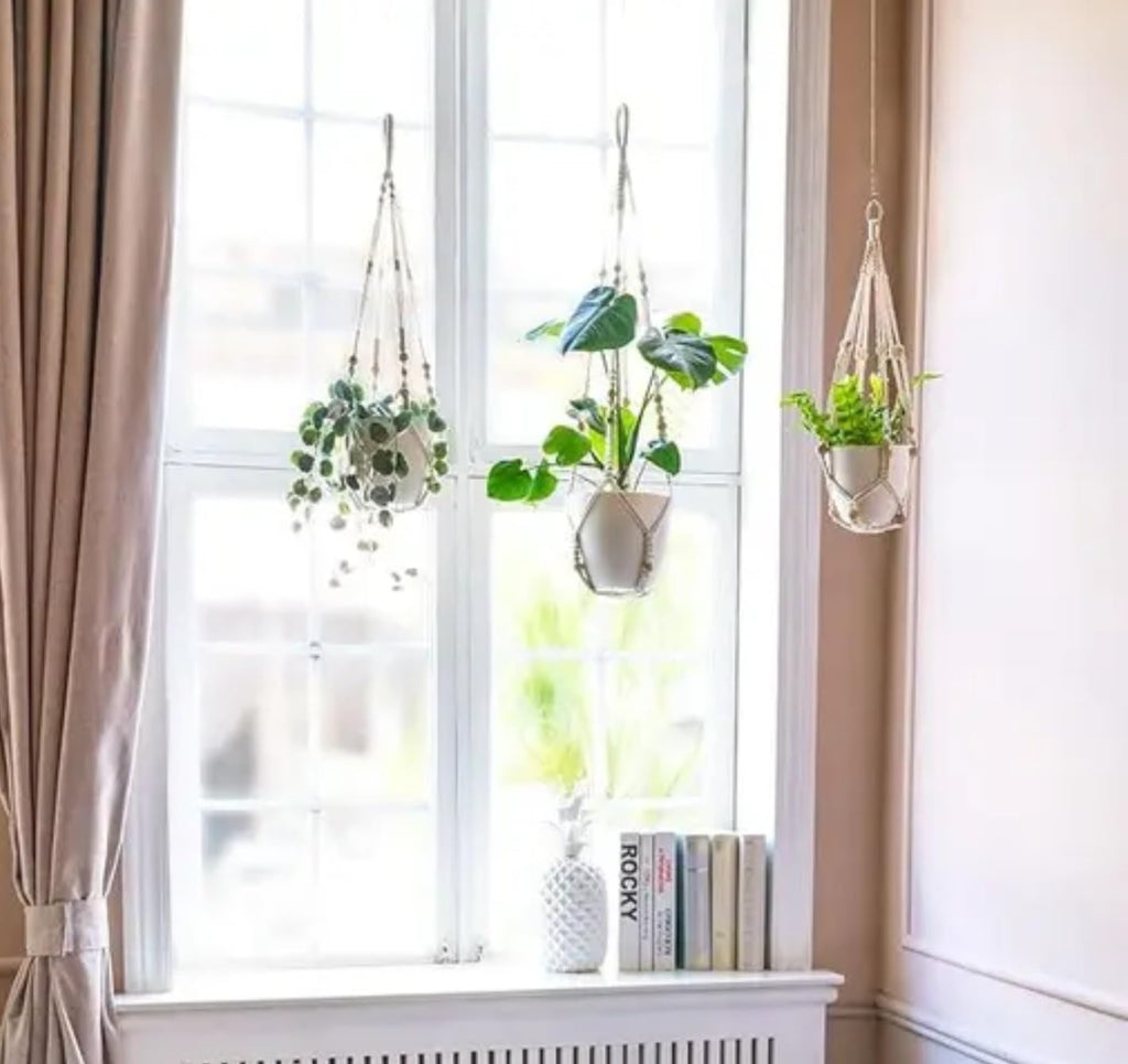 Macrame Plant Hanger Set of 3, Cotton Rope Hanging Planter, White, 91 cm Length