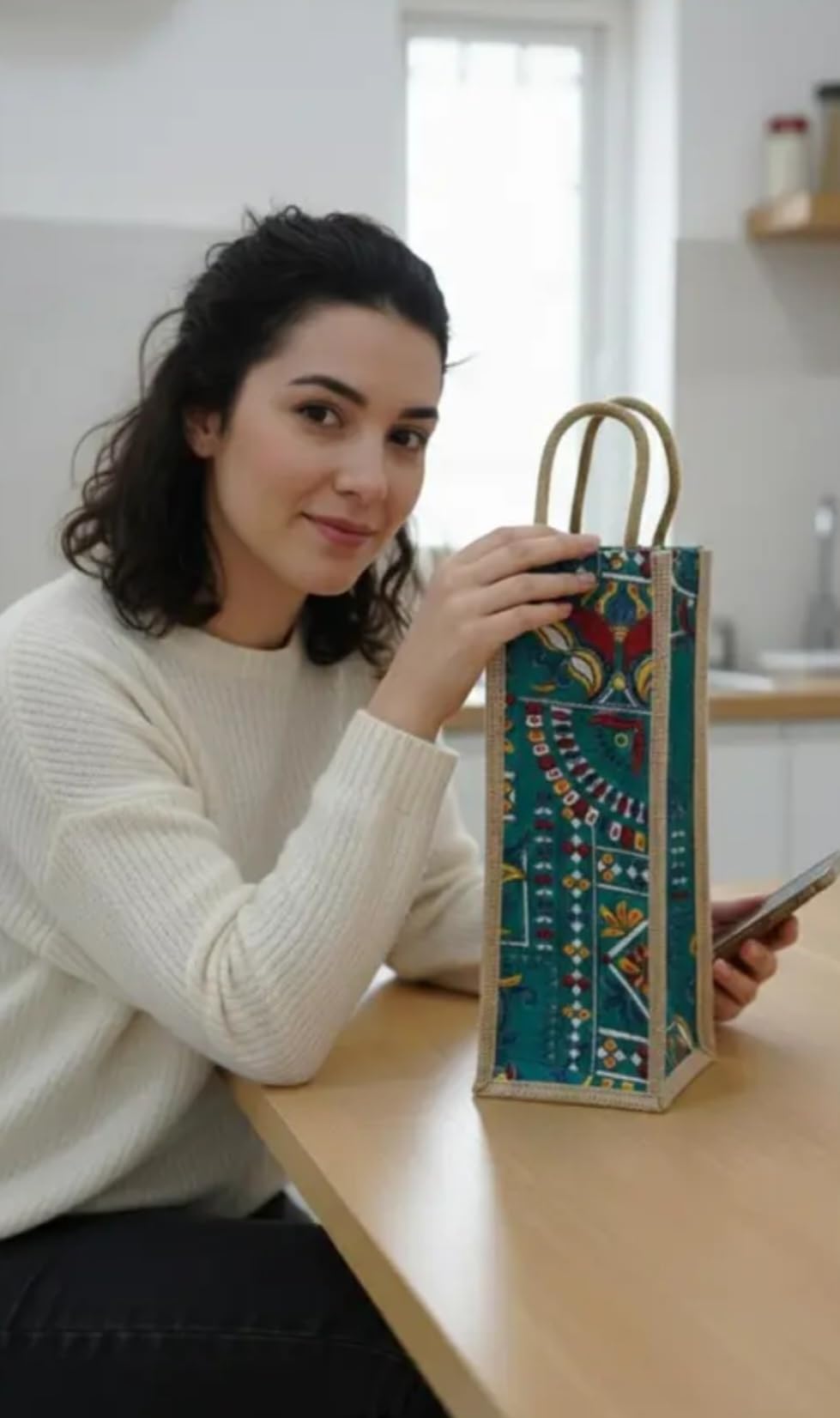 Jute Wine Bottle Bag with Rope Handles, Teal Ethnic Print, Single Bottle Carrier Tote