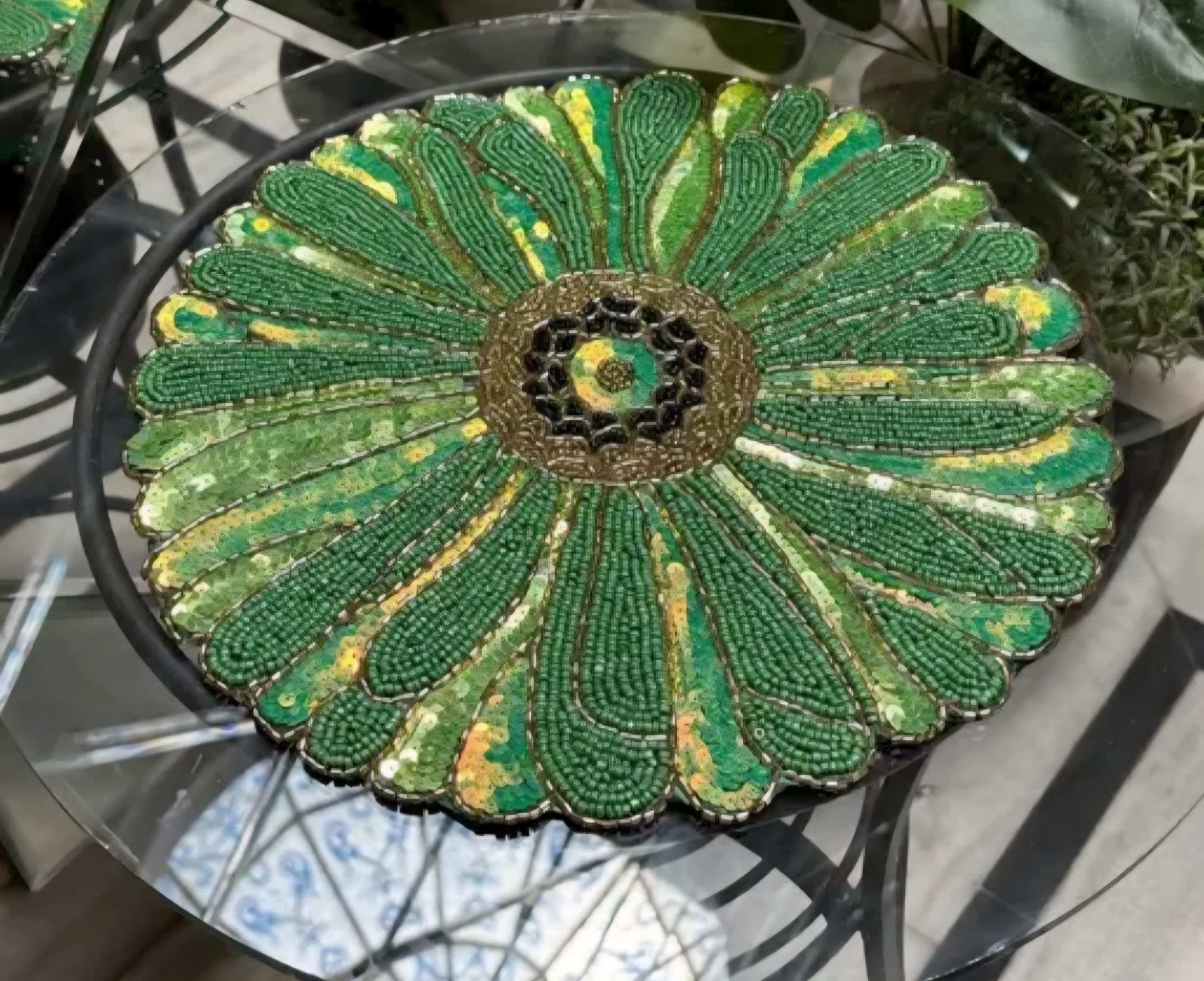 Beaded Flower Placemat, Green, Round, Sequin Embellished, Floral Design, Table Decor