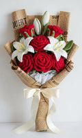 Handmade Crochet Flower Bouquet, Red Roses and White Lilies, Knitted Floral Gift with Newspaper Wrap and Ribbon