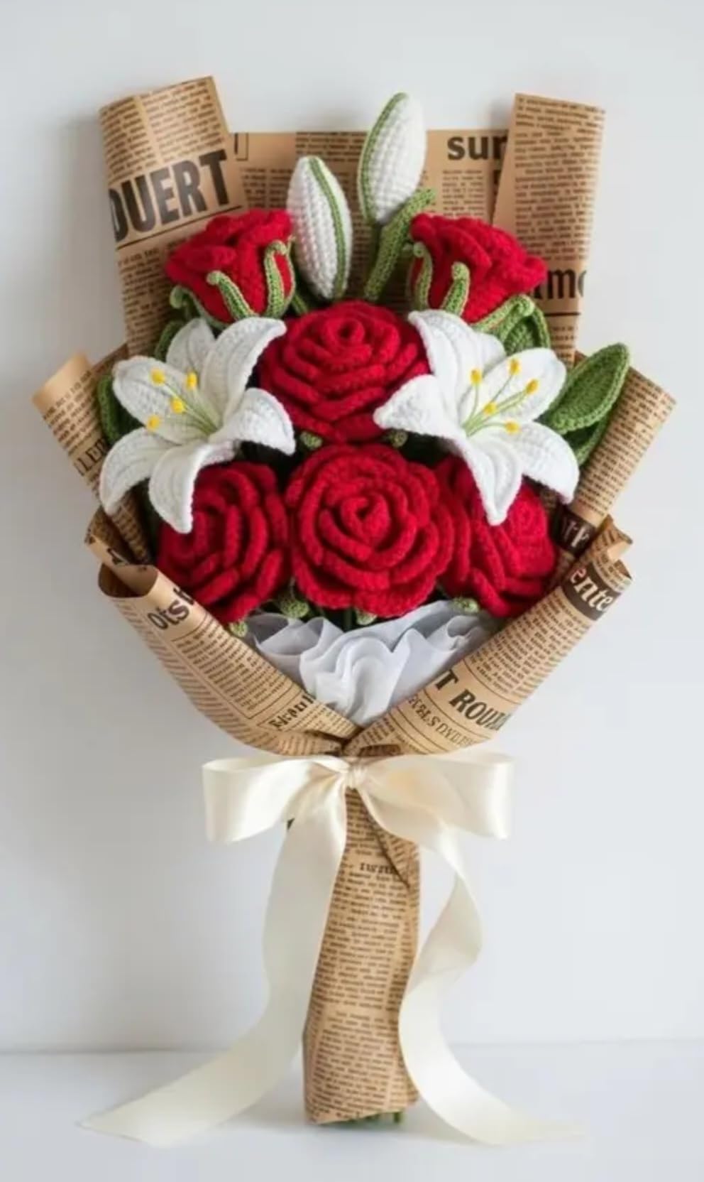 Handmade Crochet Flower Bouquet, Red Roses and White Lilies, Knitted Floral Gift with Newspaper Wrap and Ribbon