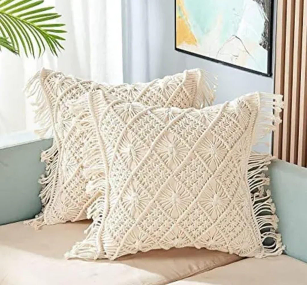 Macrame Throw Pillow Covers, Boho Cream Cotton Woven with Fringe Tassels