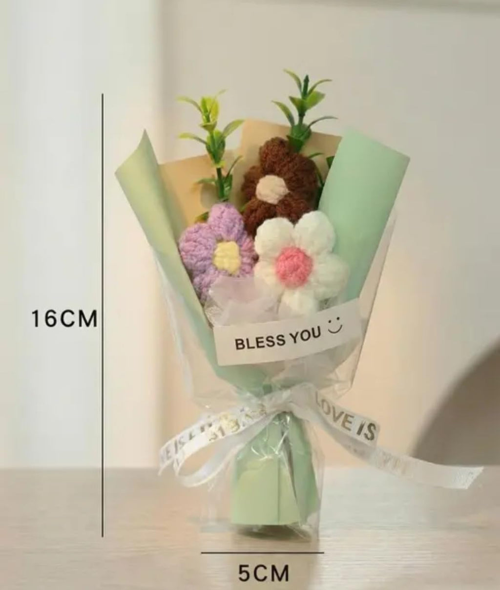 Crochet Flower Bouquet with Bless You Card, Handmade Floral Arrangement, Pastel Colors, Gift Set