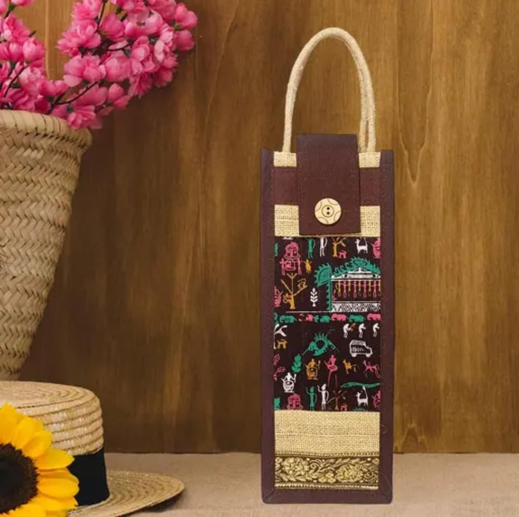 Jute Wine Bottle Bag with Warli Print, Rope Handle, Wooden Button Closure, Gift Tote