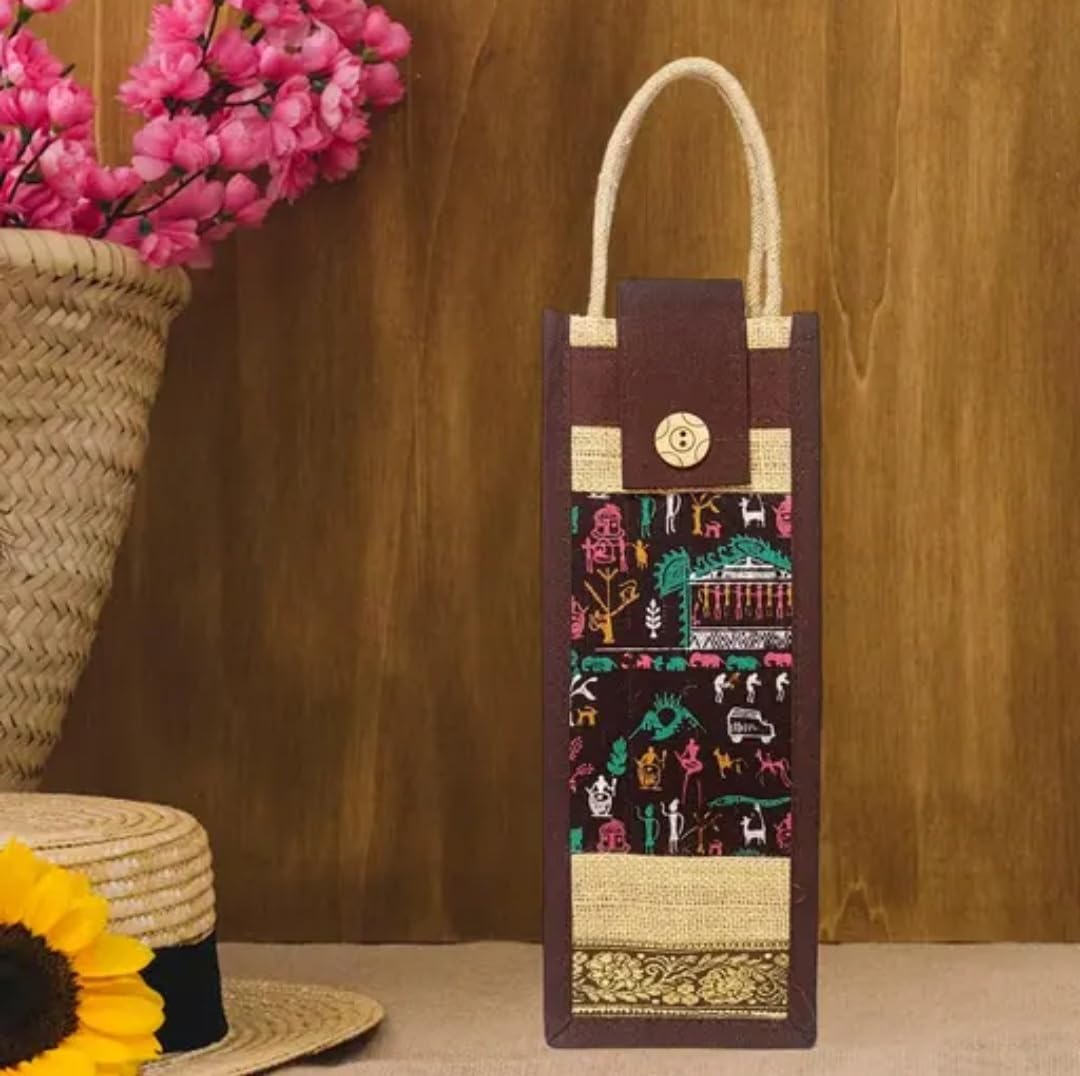 Jute Wine Bottle Bag with Warli Print, Rope Handle, Wooden Button Closure, Gift Tote