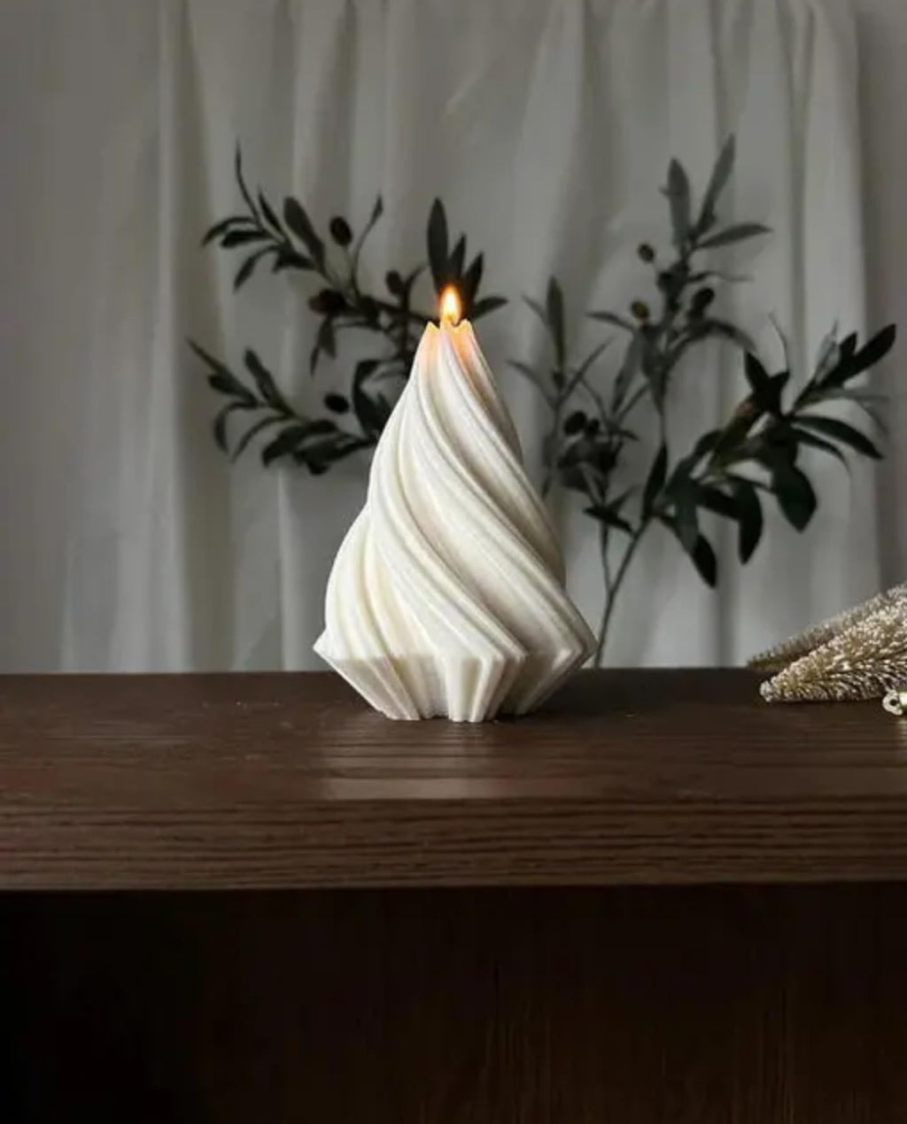 Decorative Spiral Christmas Tree Candle, White, Hand-Crafted