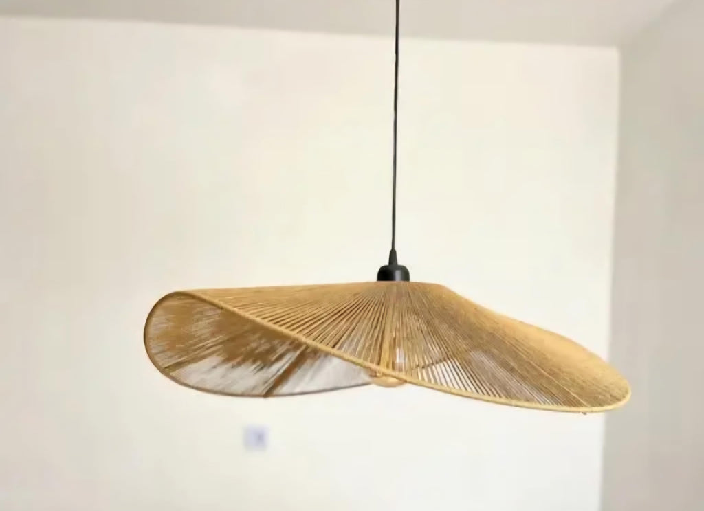 Bamboo Pendant Light, Natural, Handwoven Rattan Shade, Asian Hat Design, Hanging Ceiling Fixture