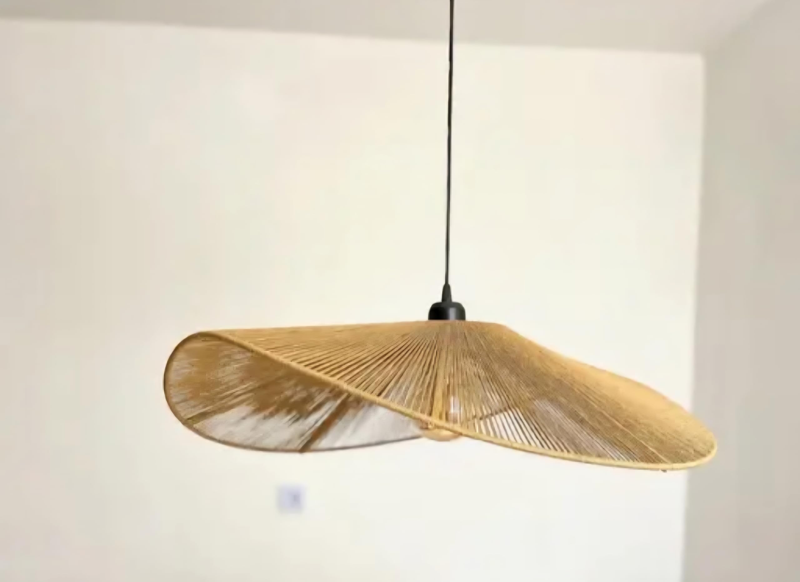 Bamboo Pendant Light, Natural, Handwoven Rattan Shade, Asian Hat Design, Hanging Ceiling Fixture