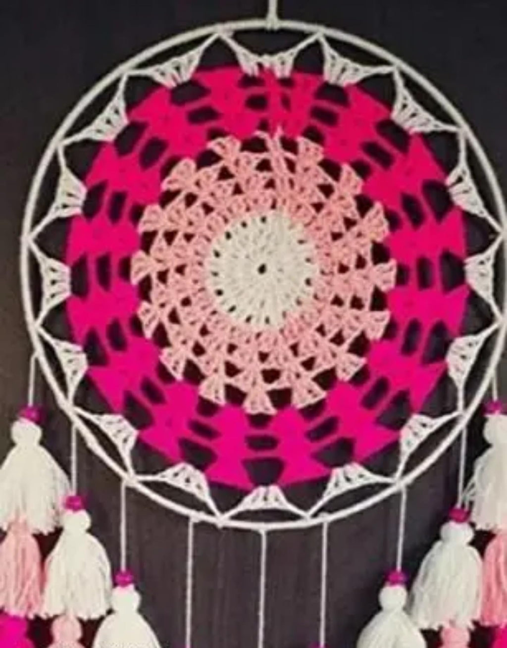 Handmade Dream Catcher with Crochet Design, Pink and White Tassels, Large Boho Wall Decor