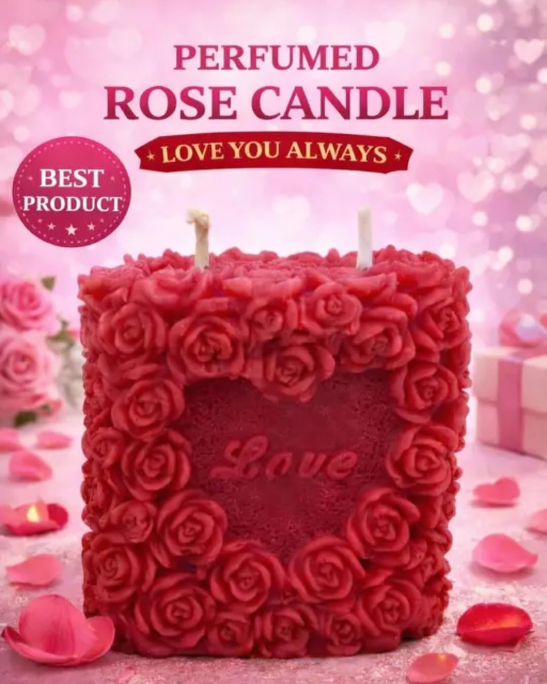 Decorative Rose Candle, Red, Love Design, Square Shape, Romantic Theme