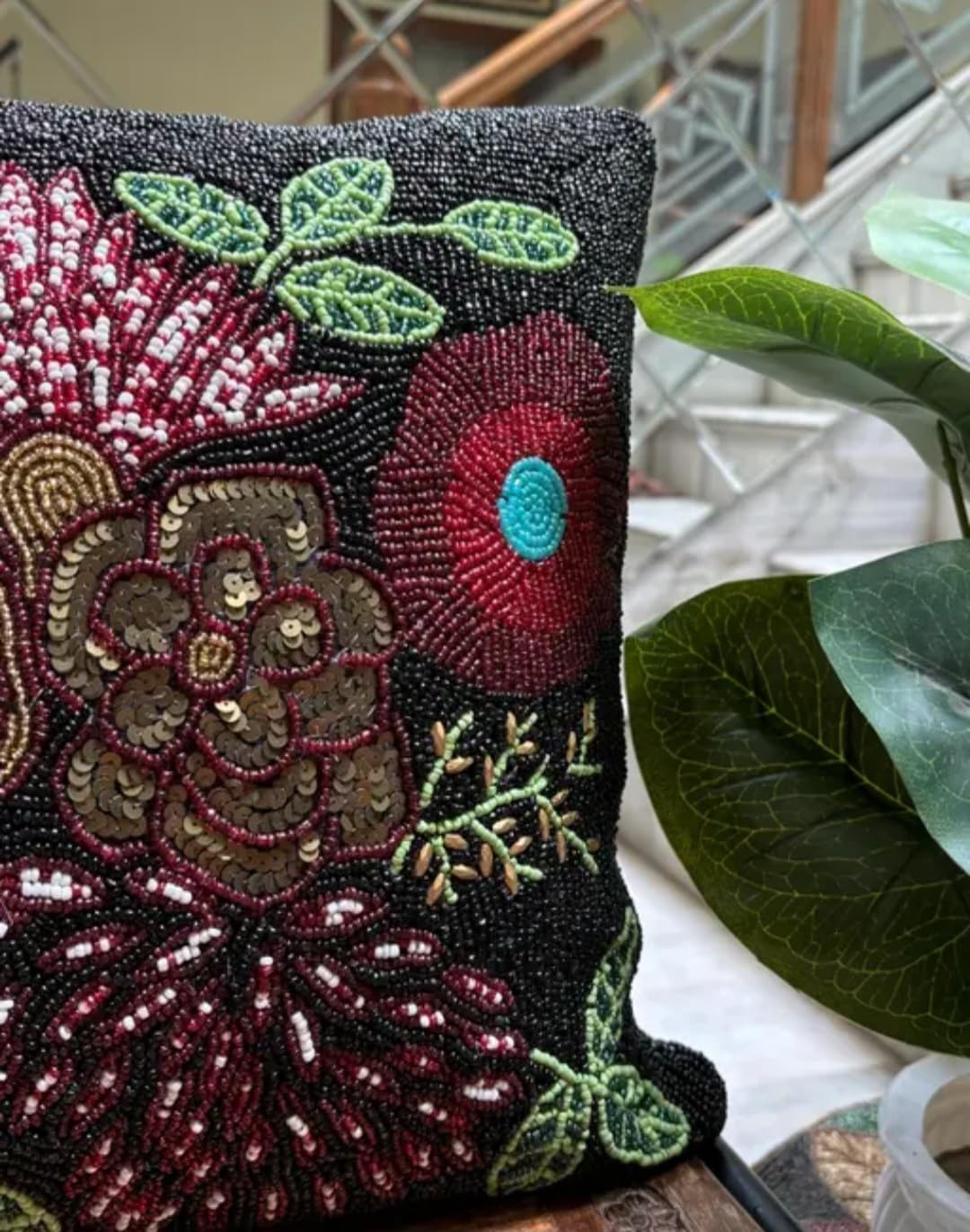 Beaded Floral Decorative Throw Pillow Cover, Black Background, Burgundy and Gold Flowers, Green Leaves