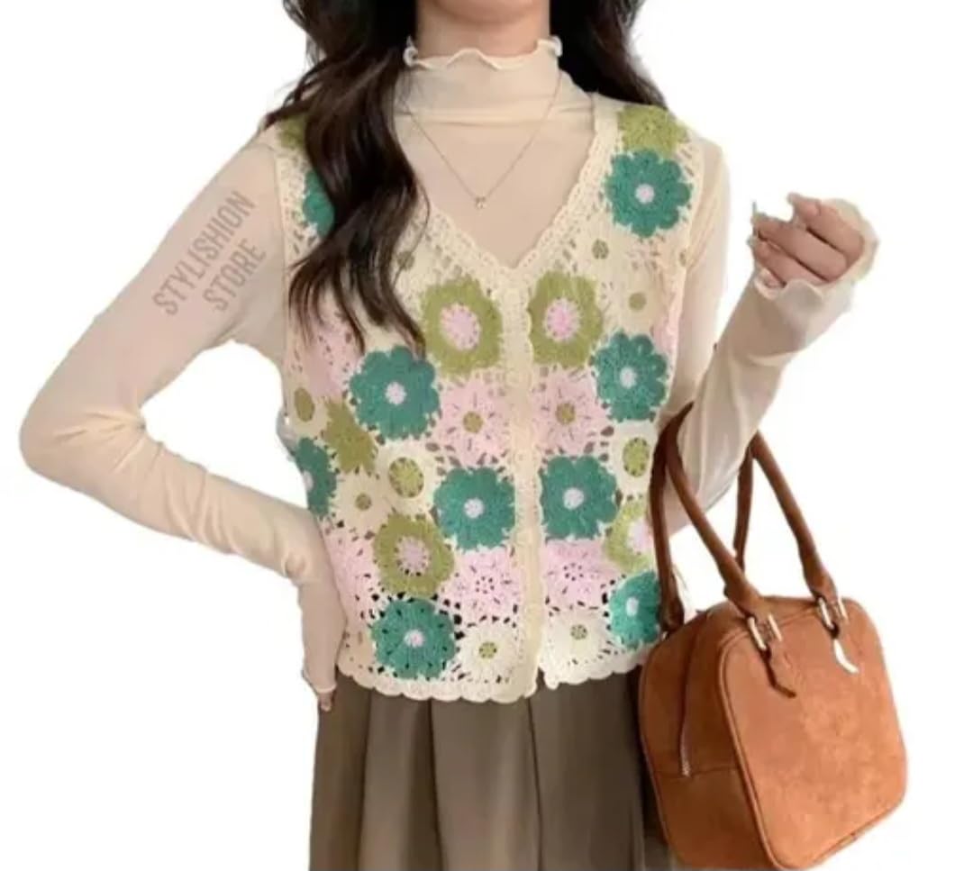 Crochet Floral Crop Top, Boho Sleeveless Vest, Green and Pink Flower Granny Square Tank