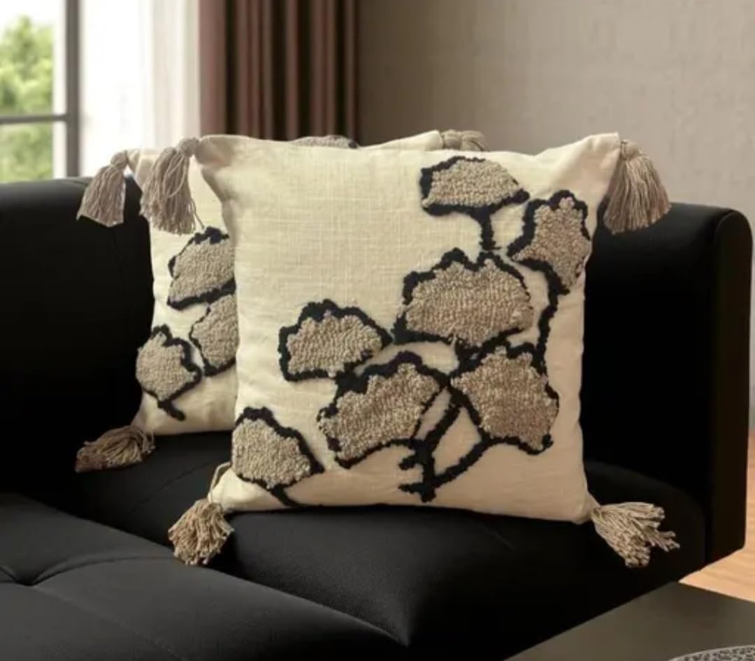 Embroidered Tree Throw Pillow Cover, Cream, Tufted Design with Corner Tassels, Boho Decorative Cushion Cover