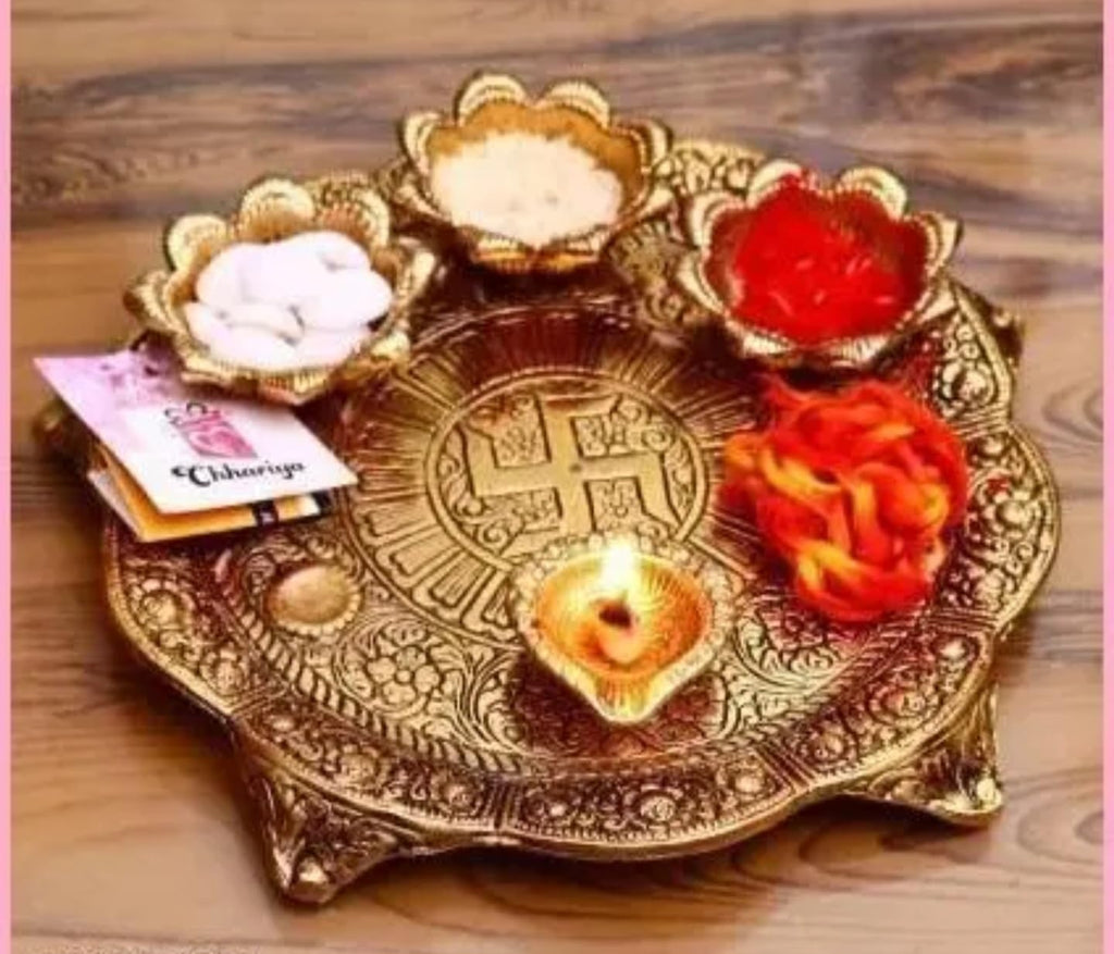 Decorative Gold Metal Pooja Thali Plate with Floral Design, Traditional Indian Prayer Platter for Religious Ceremonies