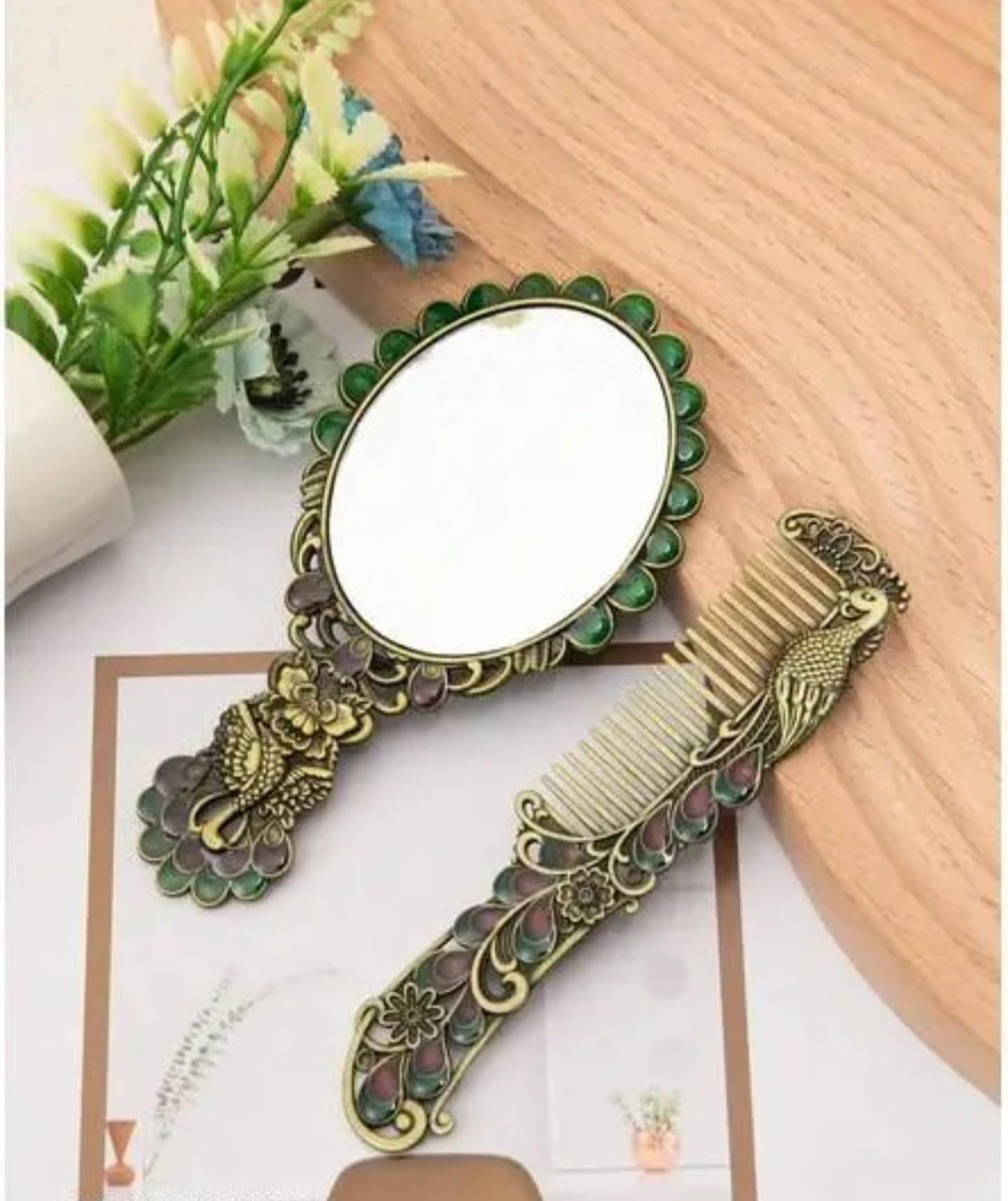 Vintage Art Nouveau Hand Mirror and Comb Set, Antique Bronze, Peacock Design with Green Enamel, Purple Crystal Accents, Decorative Vanity