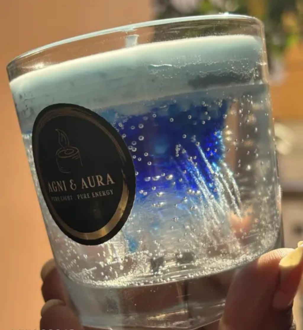 Blue Gel Candle in Clear Glass, Decorative Home Accent with Embedded Bubbles